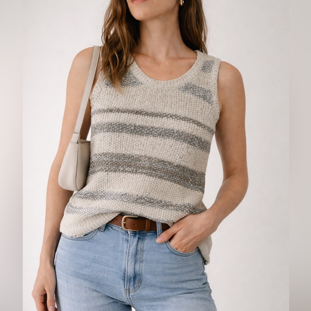 Anthropologie Sparrow Cream speckled Striped Cross Back Knit Tank S linen blend